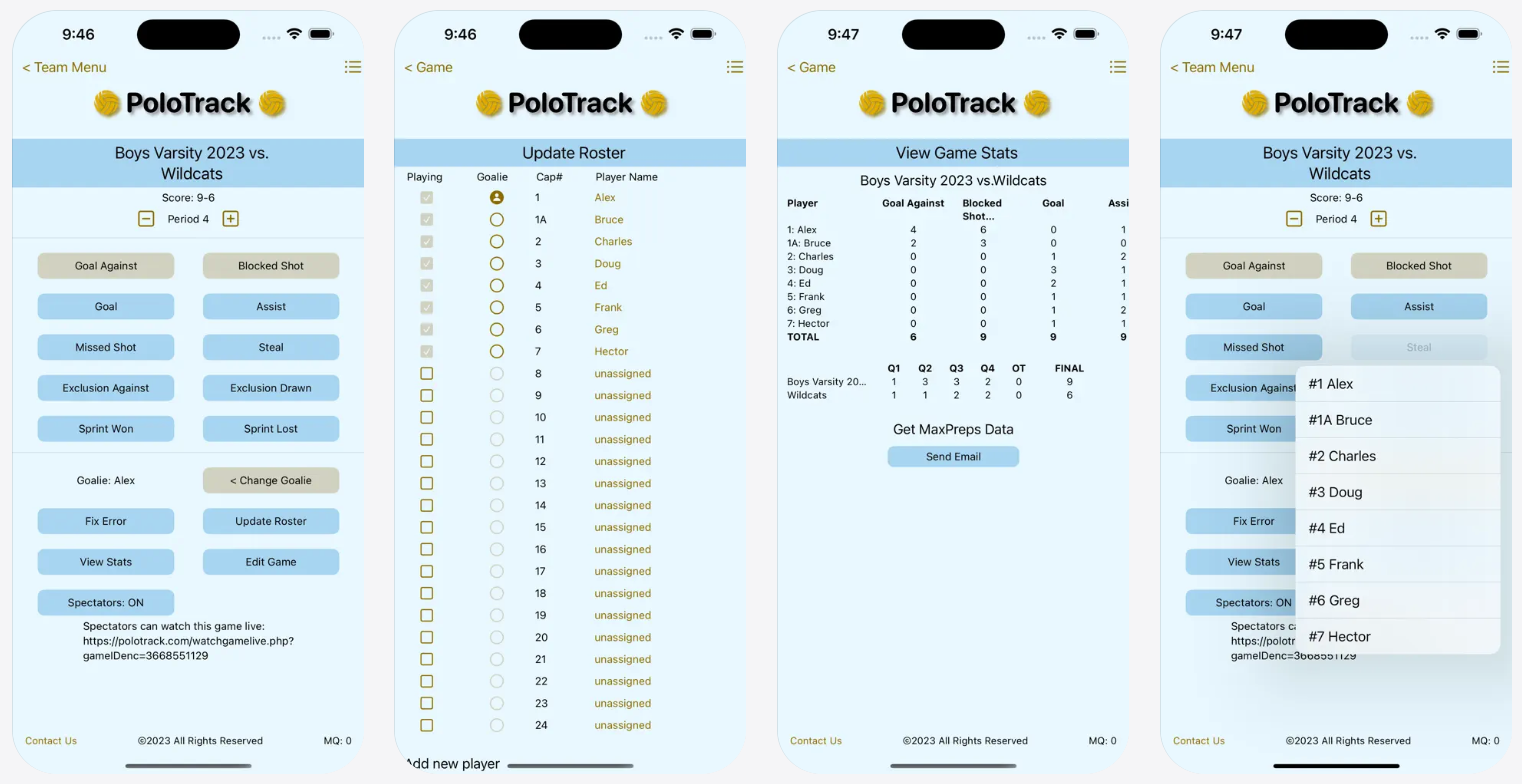Four PoloTrack iPhone screenshots: game menu, roster, stats, and player selector